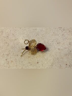 Gold-Tone Leaf Brooch with Red Glass Stone - Women Jewelry